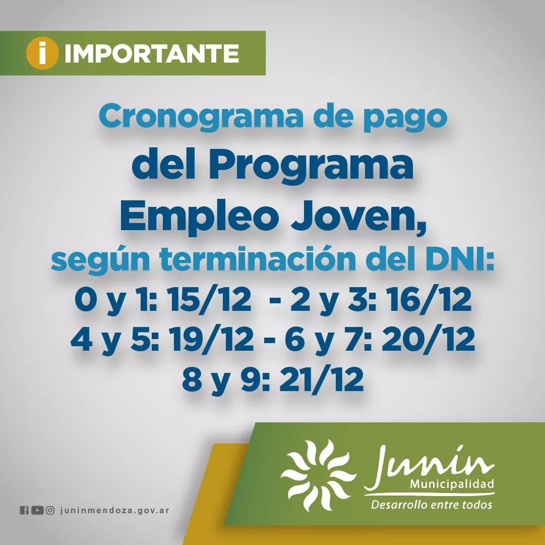 CRONOGRAMA DE PAGO DEL MES DE DICIEMBRE PARA PARTICIPANTES DEL PROGRAMA EMPLEO JOVEN I